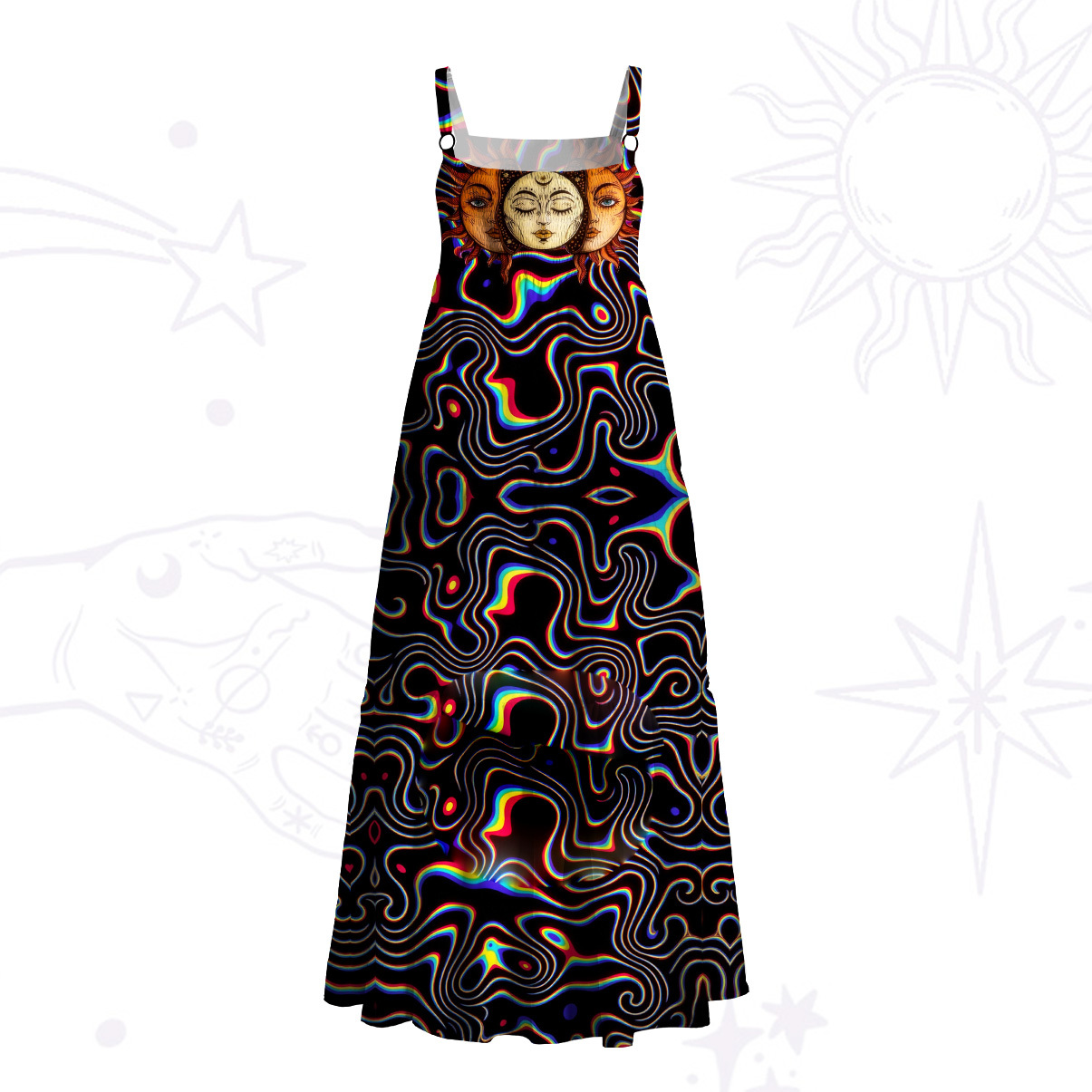 Purplehecate Psychedelic Sun and Moon Wide Straps Maxi Dress