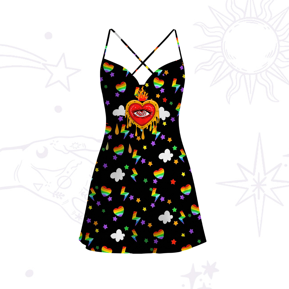 Purplehecate Rainbow Sacred Heart All Seeing Eye Pride Satin Cross Back Mini Dress