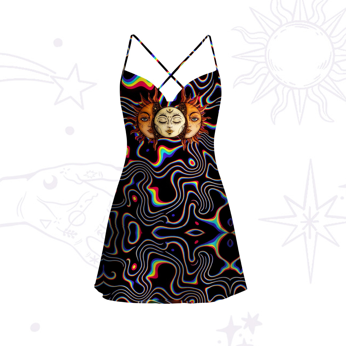 Purplehecate Psychedelic Sun and Moon Satin Cross Back Mini Dress
