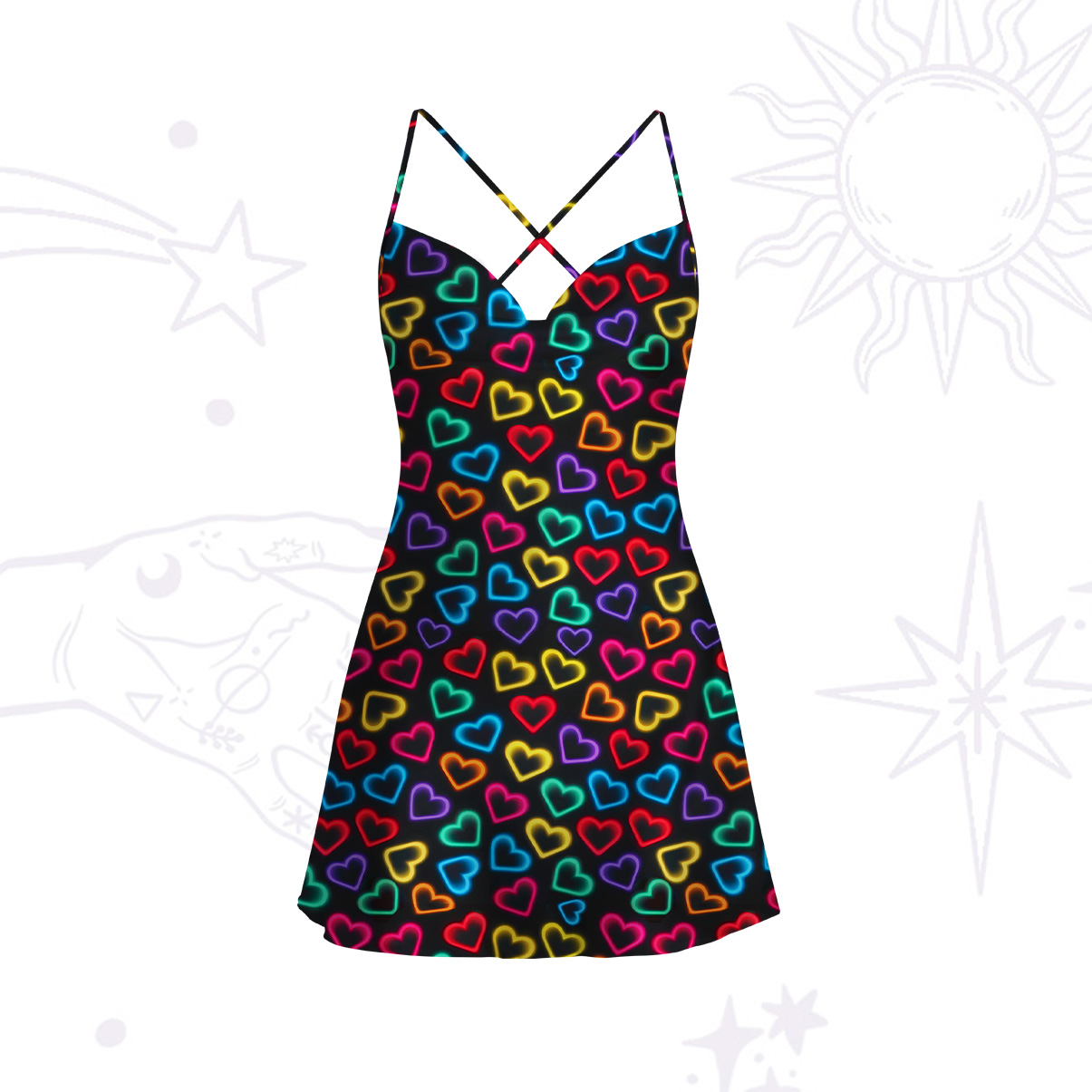 Purplehecate Neon Heart Satin Cross Back Mini Dress