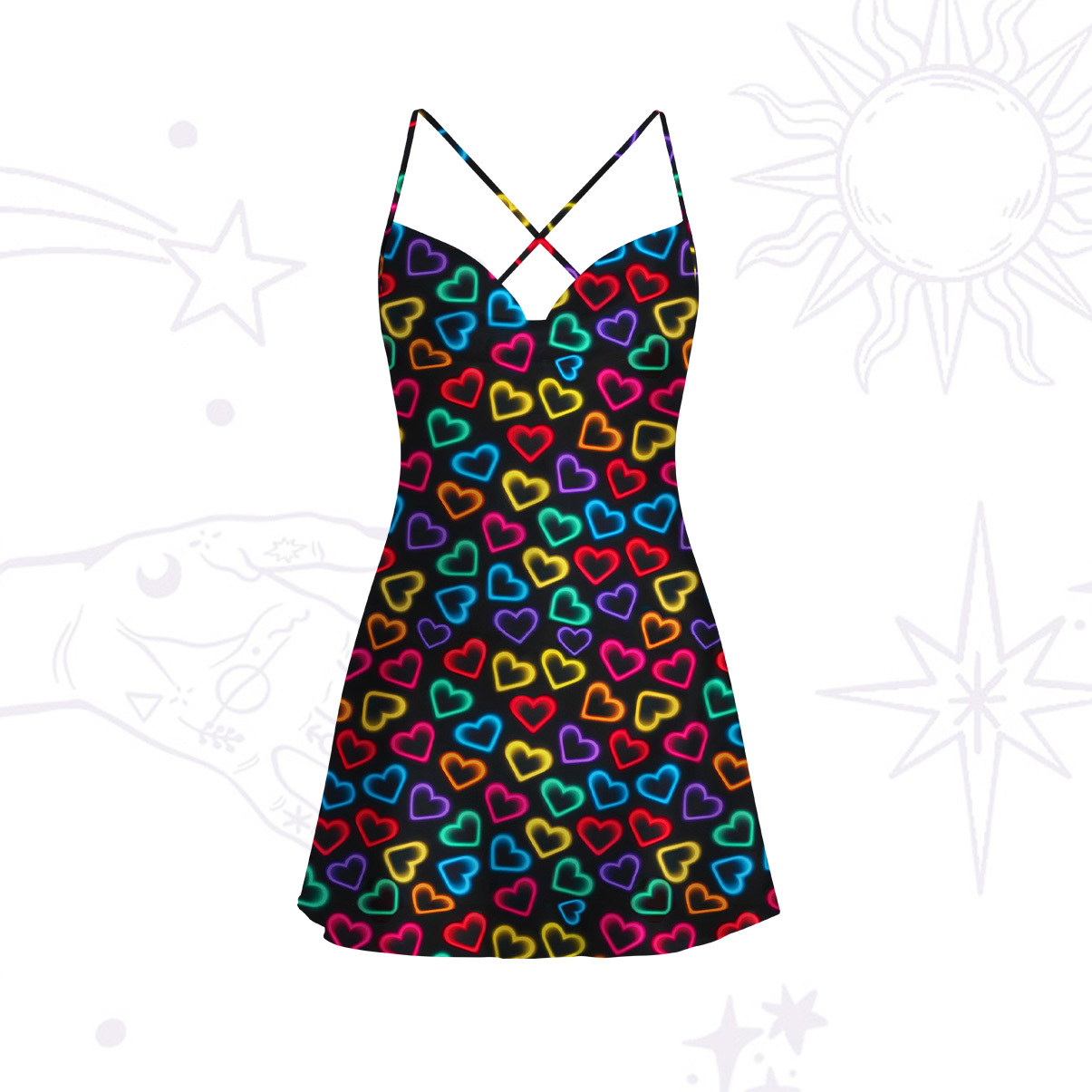 Purplehecate Neon Heart Satin Cross Back Mini Dress