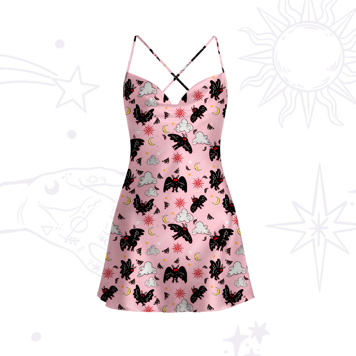 Purplehecate Cryptid Mothman Satin Cross Back Mini Dress