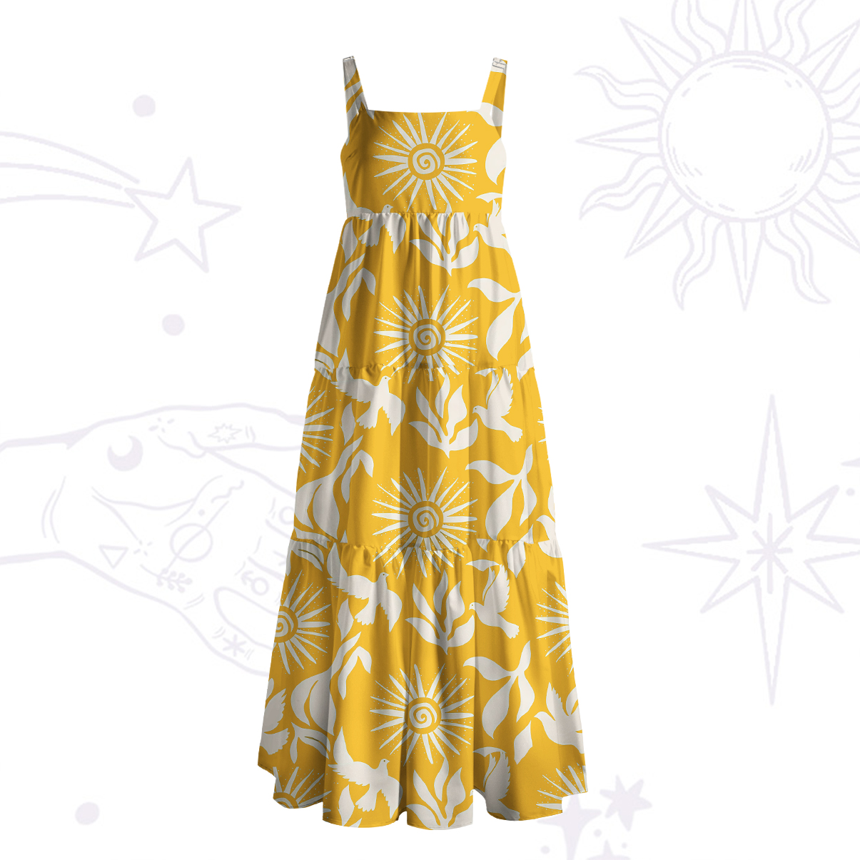 Purplehecate Mystic Sunbirds Wide Straps Maxi Dress