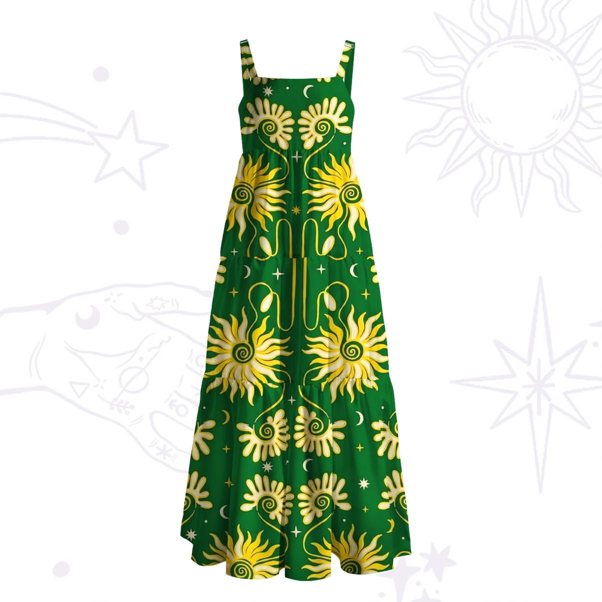 Purplehecate Golden Cosmic Sunflower Wide Straps Maxi Dress