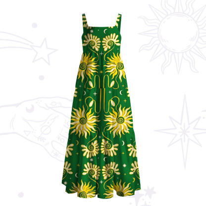 Purplehecate Golden Cosmic Sunflower Wide Straps Maxi Dress