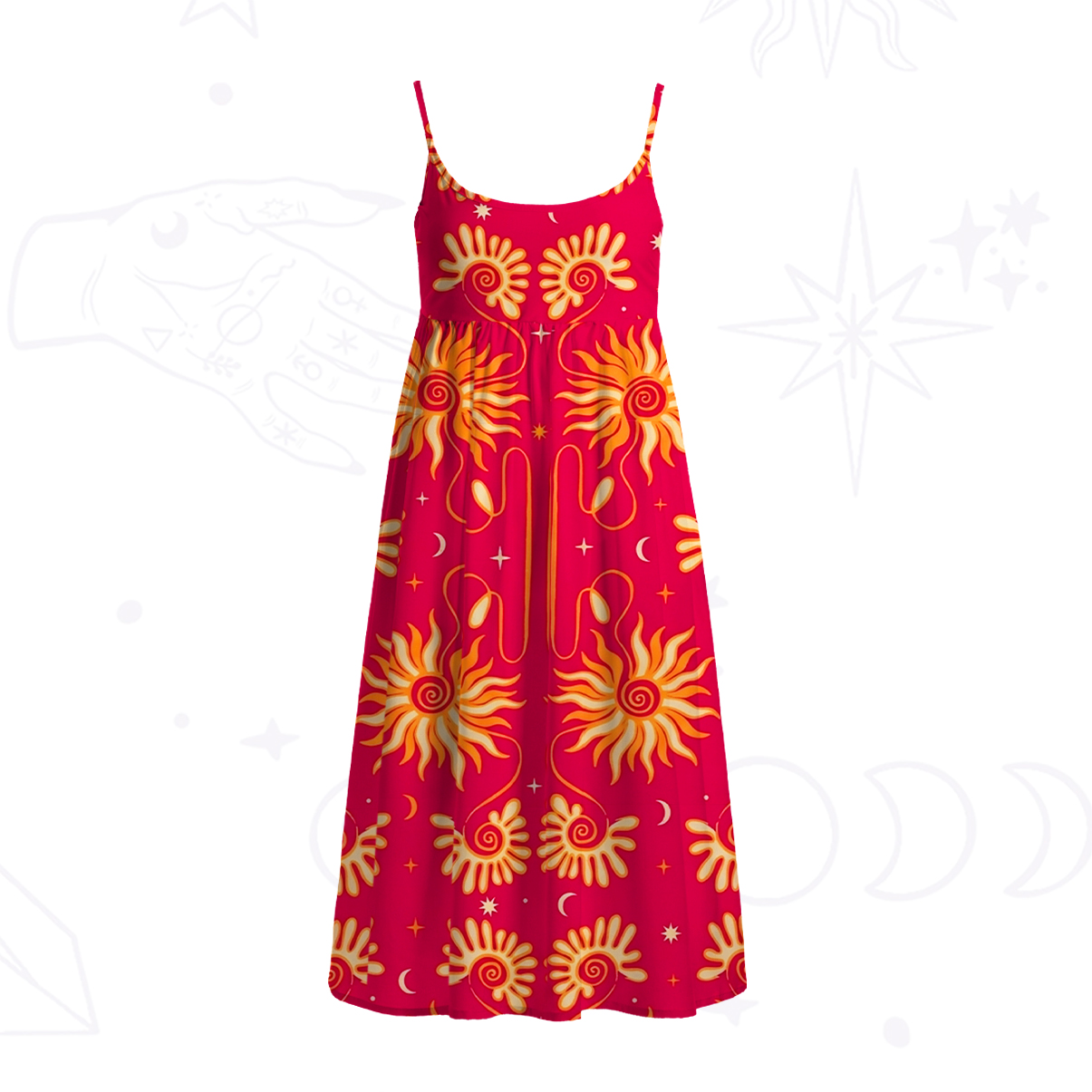 Purplehecate Golden Cosmic Sunflower Spaghetti Strap Midi Dress
