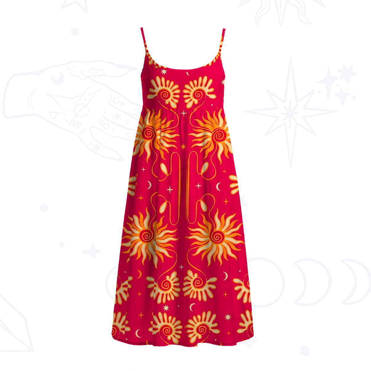 Purplehecate Golden Cosmic Sunflower Spaghetti Strap Midi Dress