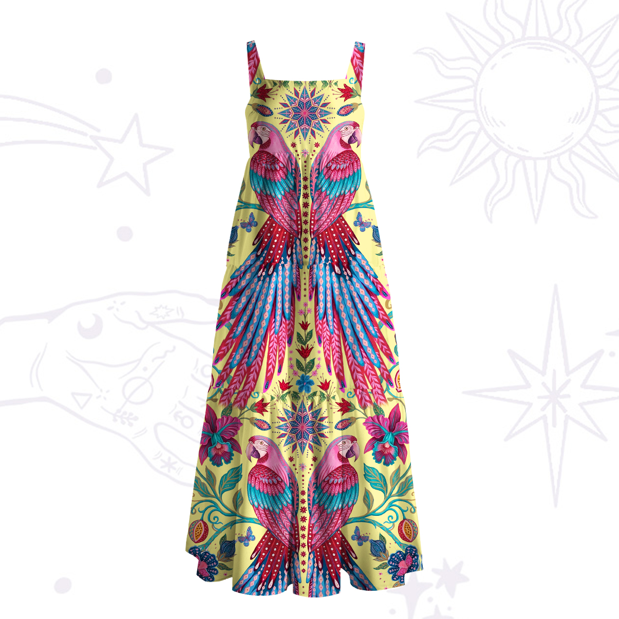 Purplehecate Tropical Parrot Garden Wide Straps Maxi Dress