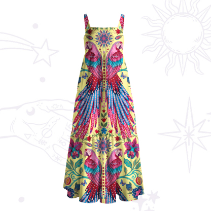 Purplehecate Tropical Parrot Garden Wide Straps Maxi Dress