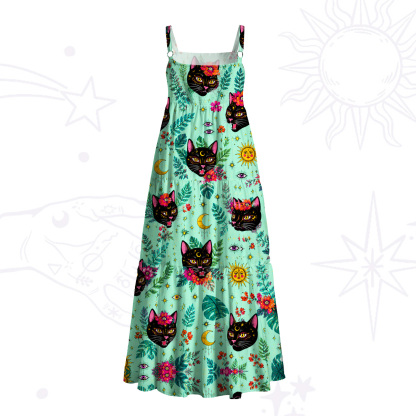 Purplehecate The Wizard's Proud Black Cat Wide Straps Maxi Dress