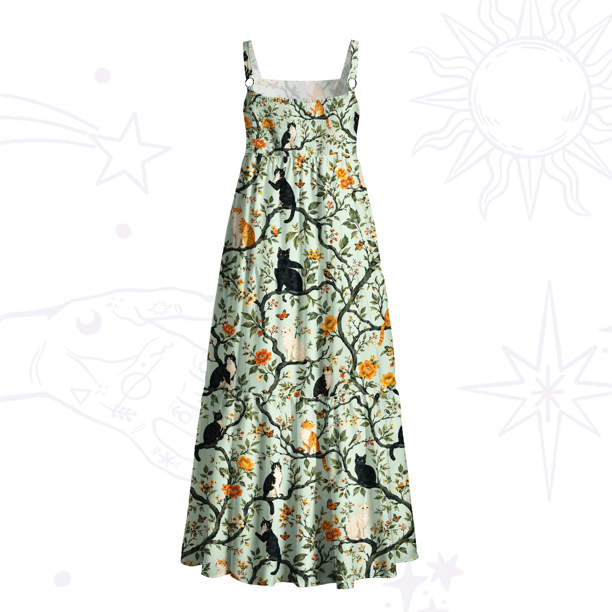 Purplehecate Enchanted Cat Grove Wide Straps Maxi Dress