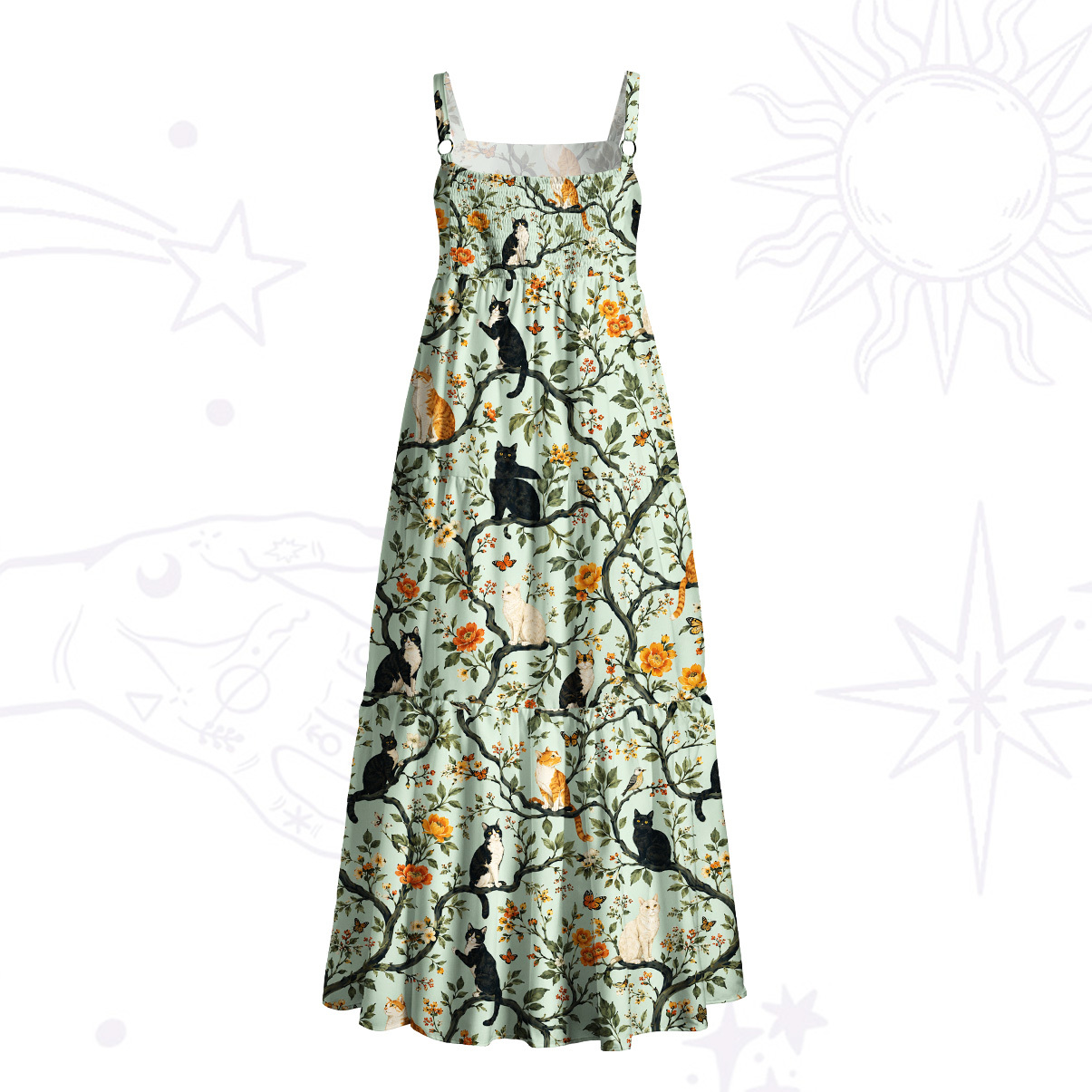 Purplehecate Enchanted Cat Grove Wide Straps Maxi Dress