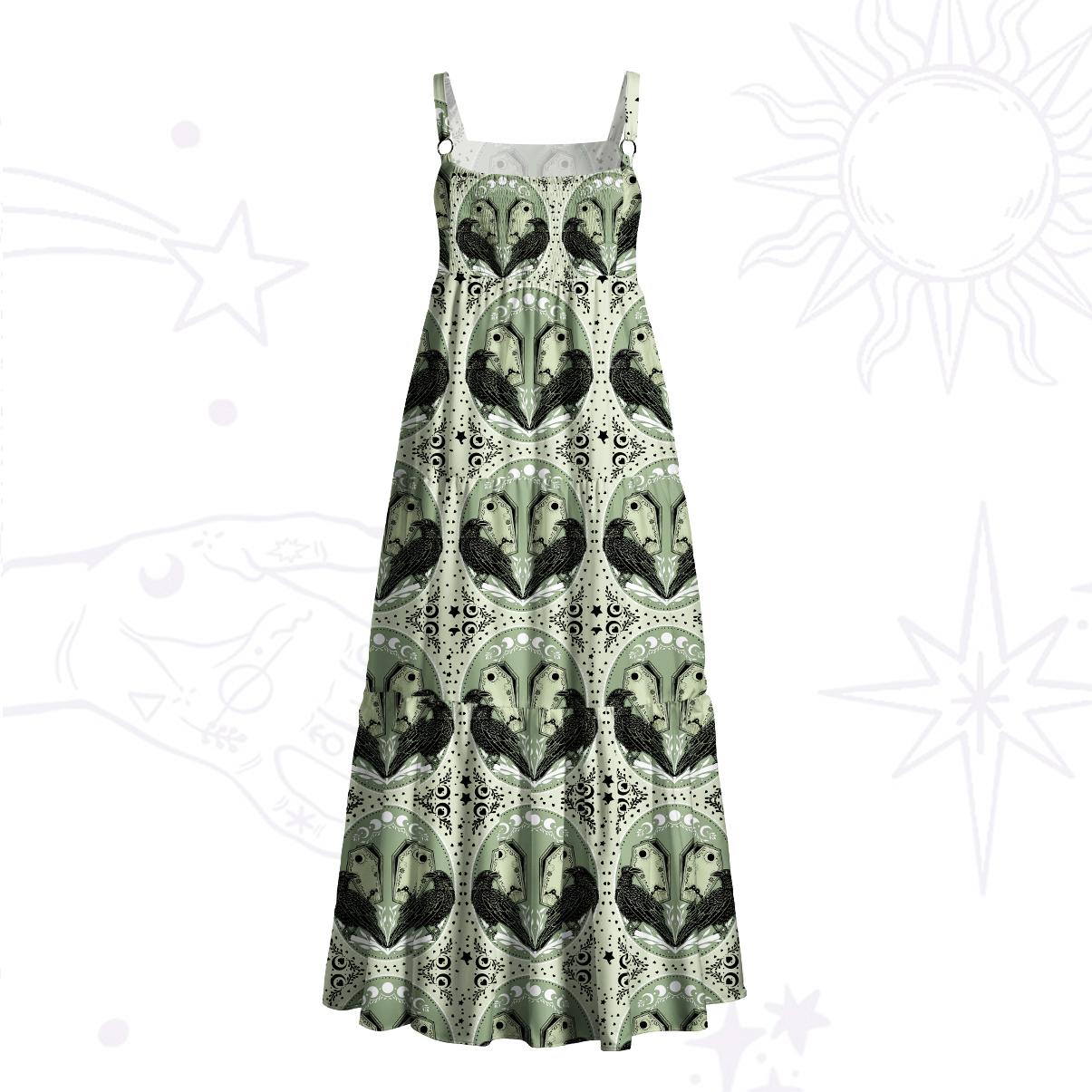 Purplehecate Divination Raven Coffin Print Wide Straps Maxi Dress