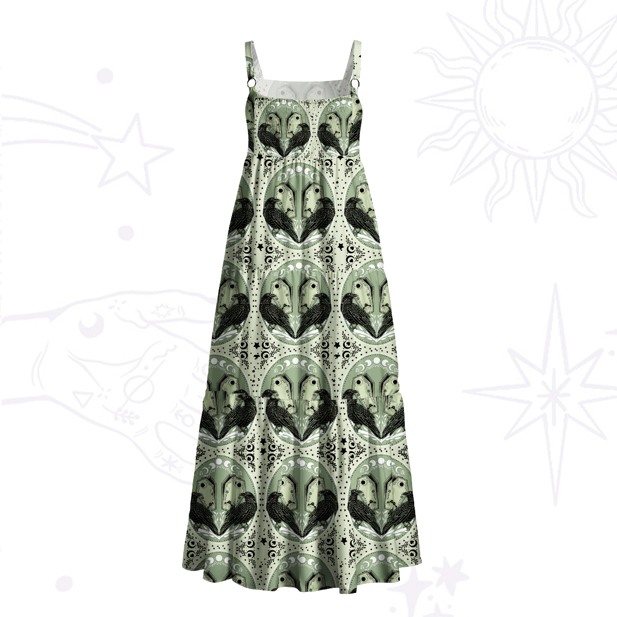 Purplehecate Divination Raven Coffin Print Wide Straps Maxi Dress
