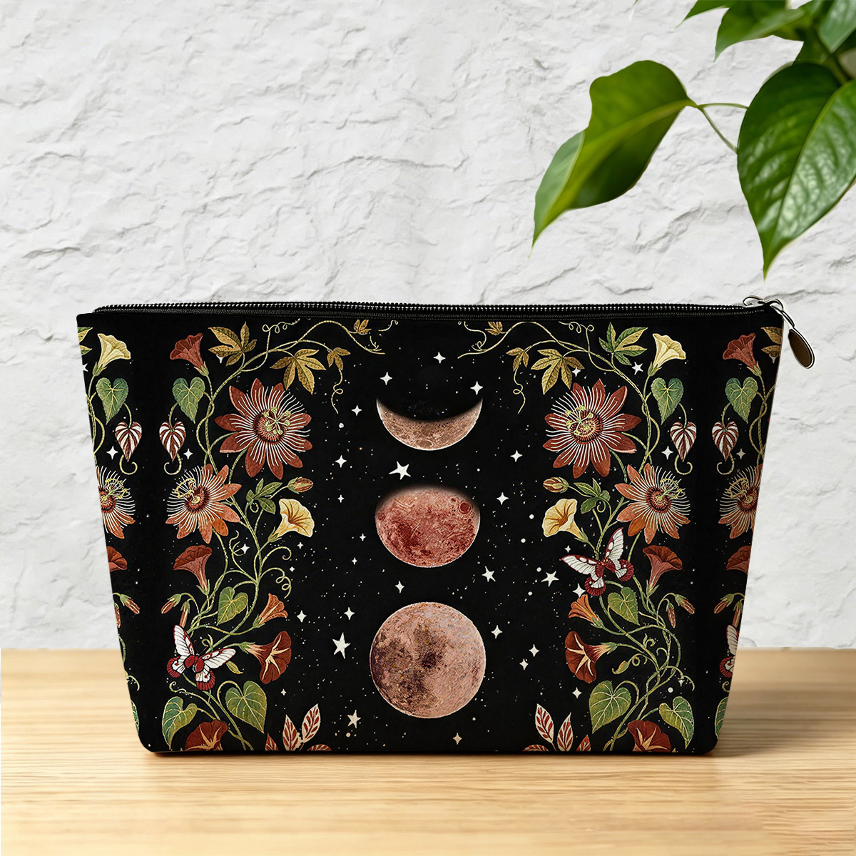 Purplehecate Moon Phase Floral Zip Makeup Bag