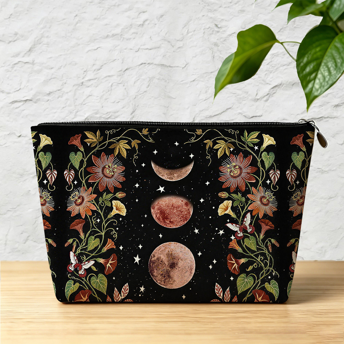 Purplehecate Moon Phase Floral Zip Makeup Bag