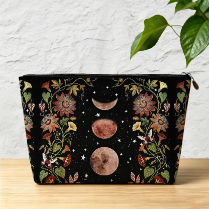 Purplehecate Moon Phase Floral Zip Makeup Bag