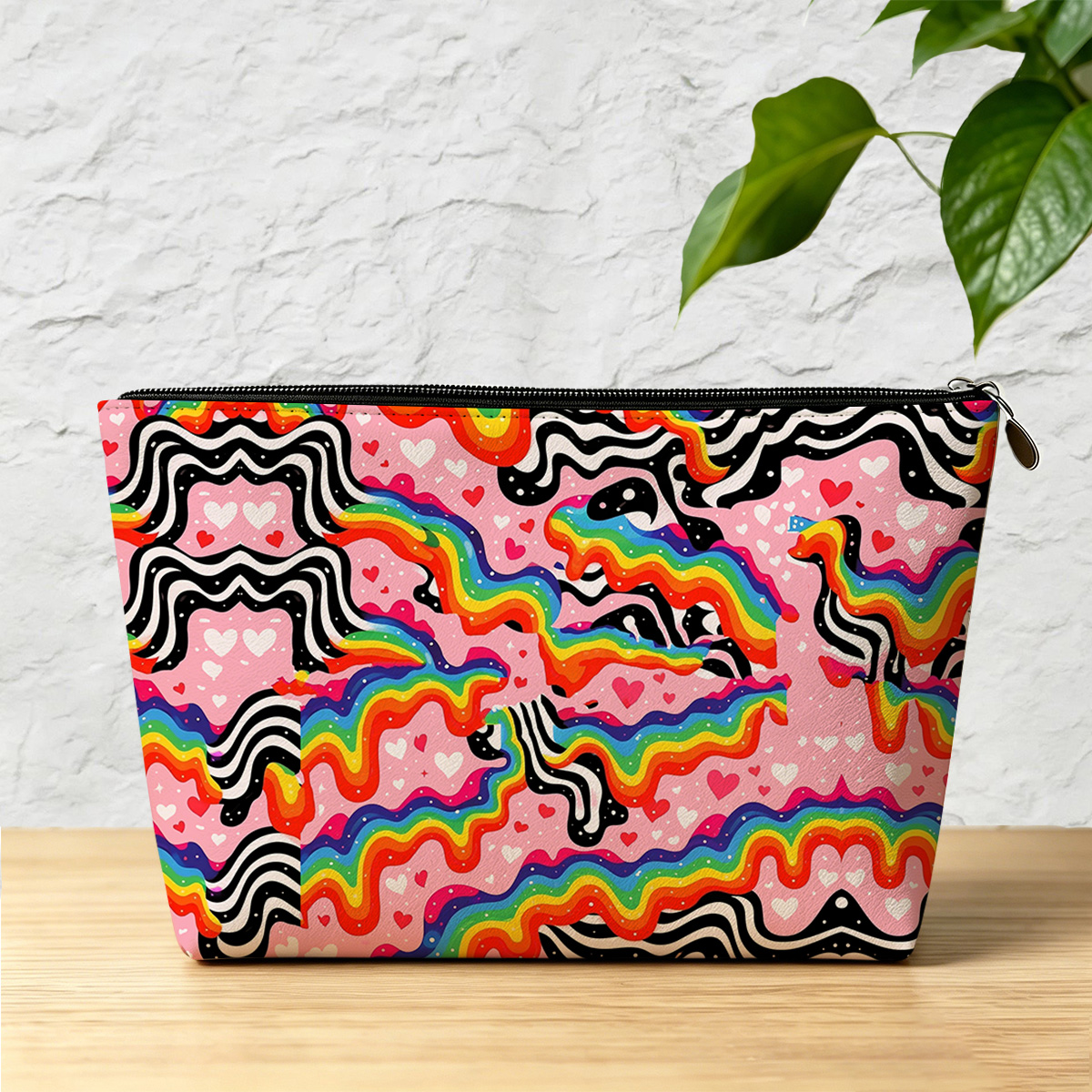 Purplehecate Groovy Melty Rainbow Hearts Wavy Zip Makeup Bag