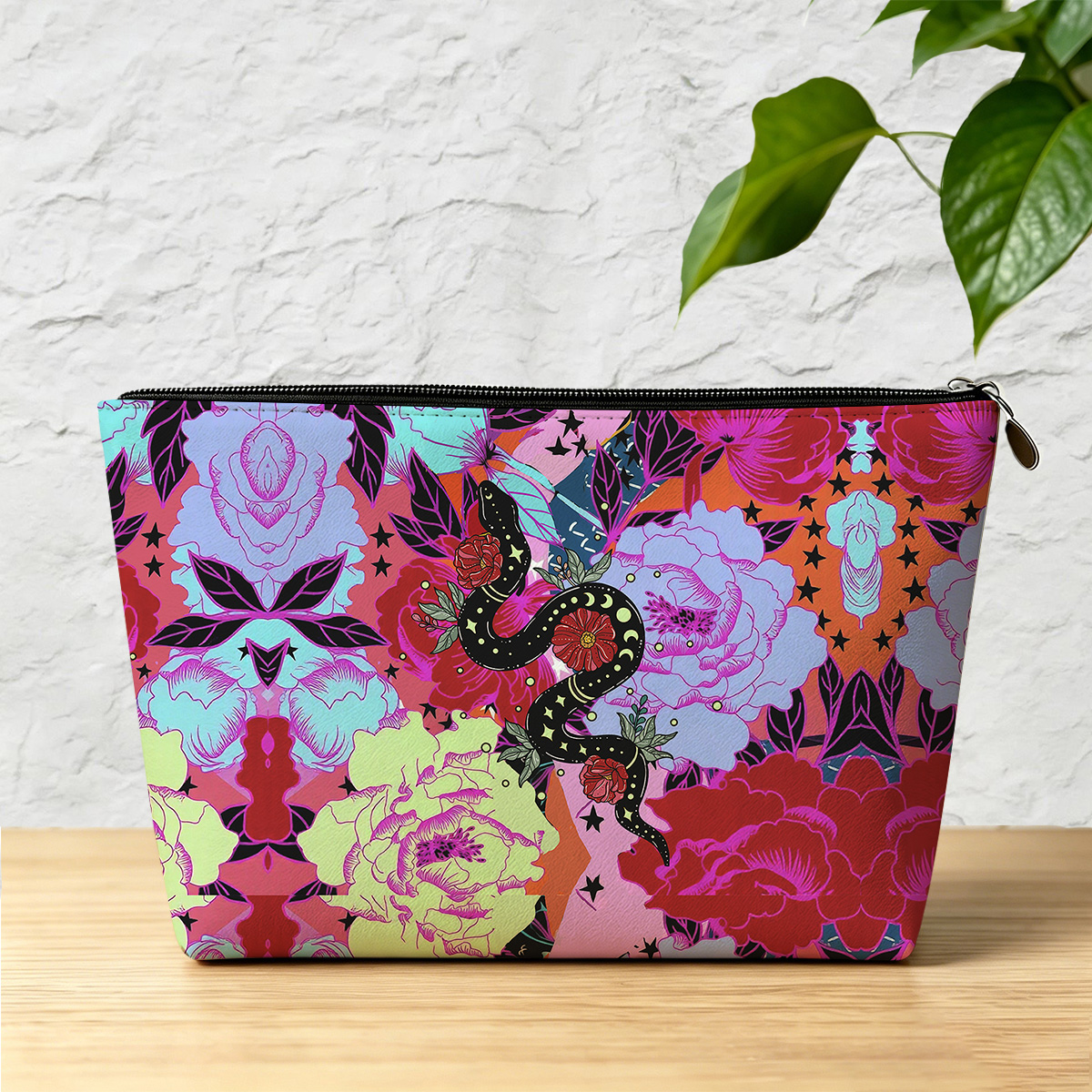 Purplehecate Enchanted Black Serpent & Floral Pattern Zip Makeup Bag