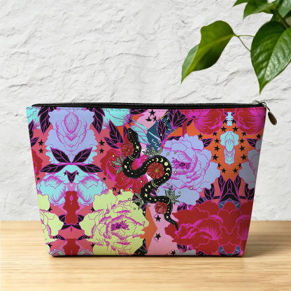 Purplehecate Enchanted Black Serpent & Floral Pattern Zip Makeup Bag