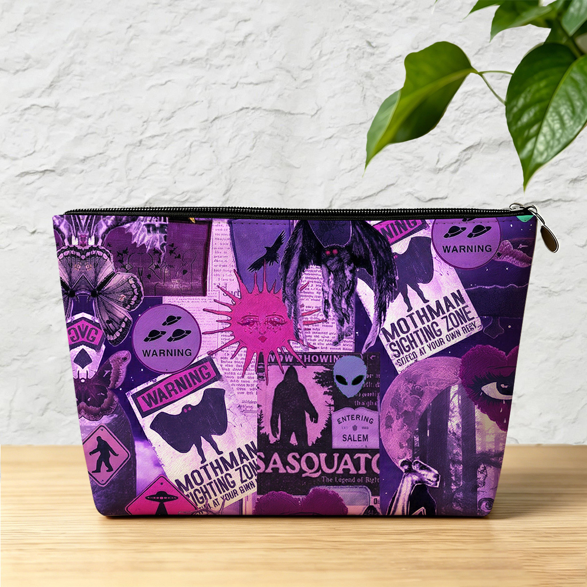 Purplehecate Cryptid Warning Collage Zip Makeup Bag