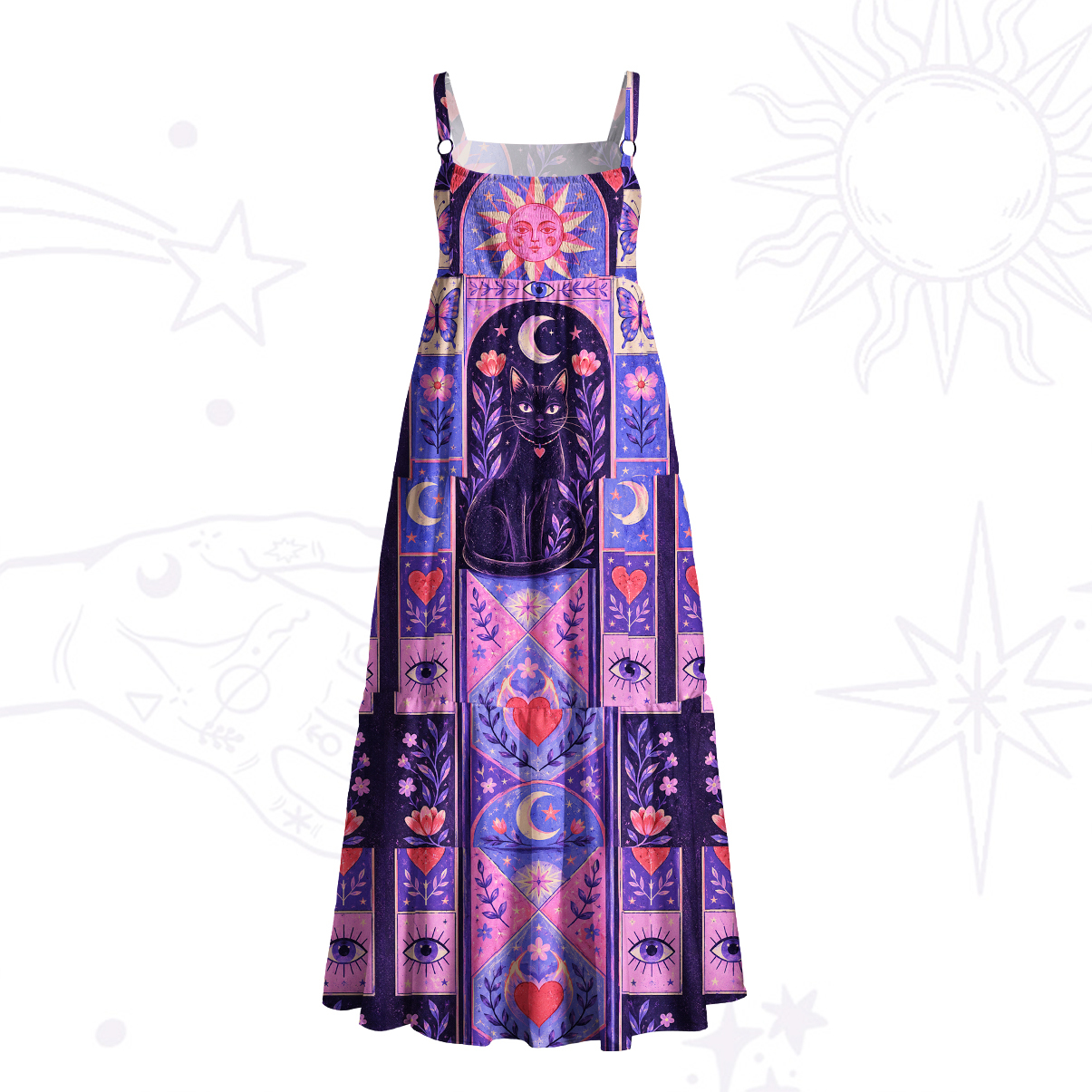 Purplehecate Sun Moon & Magic Cat Patchwork Wide Straps Maxi Dress
