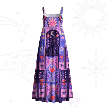 Purplehecate Sun Moon & Magic Cat Patchwork Wide Straps Maxi Dress