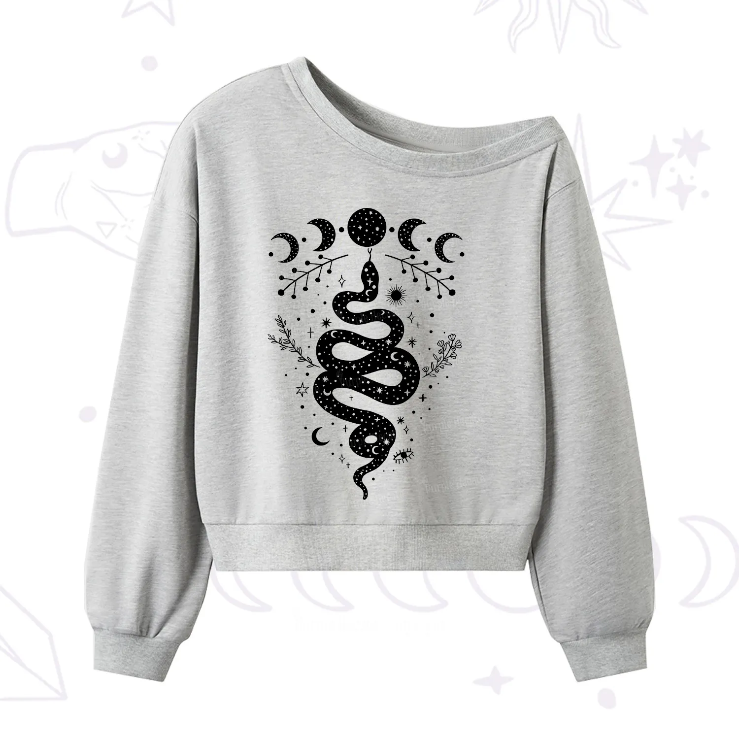 Purplehecate Snake And Moon Phase Comfort One Shoulder Sweatshirt