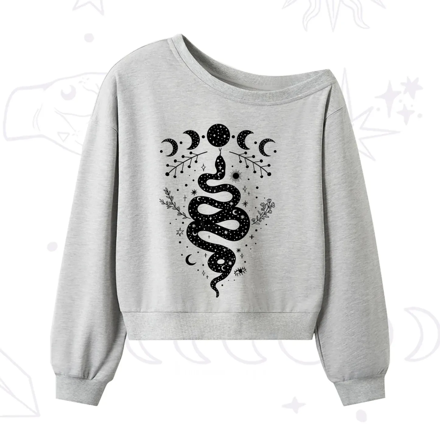 Purplehecate Snake And Moon Phase Comfort One Shoulder Sweatshirt