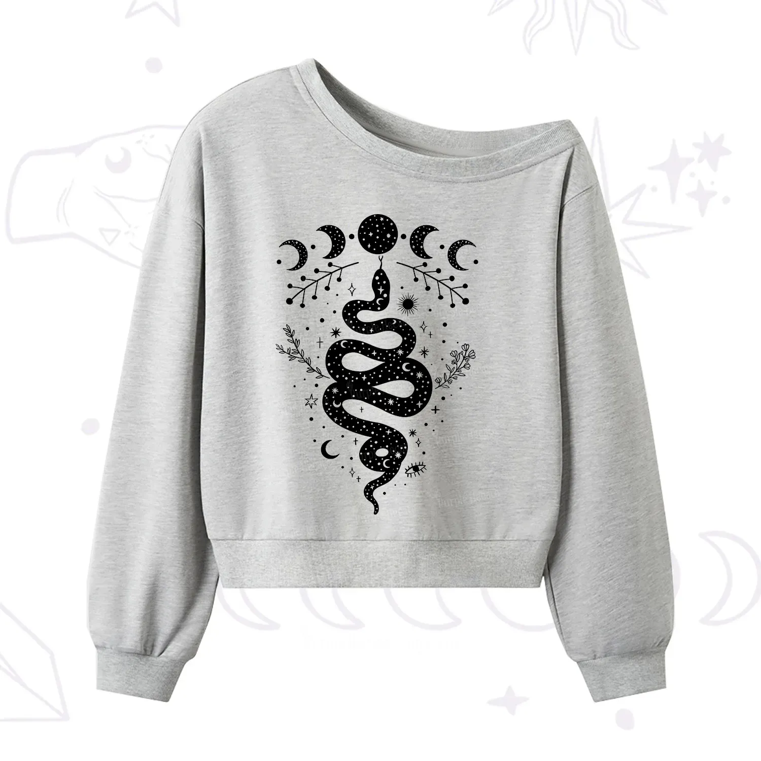 Purplehecate Snake And Moon Phase Comfort One Shoulder Sweatshirt