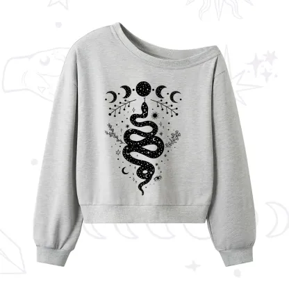 Purplehecate Snake And Moon Phase Comfort One Shoulder Sweatshirt