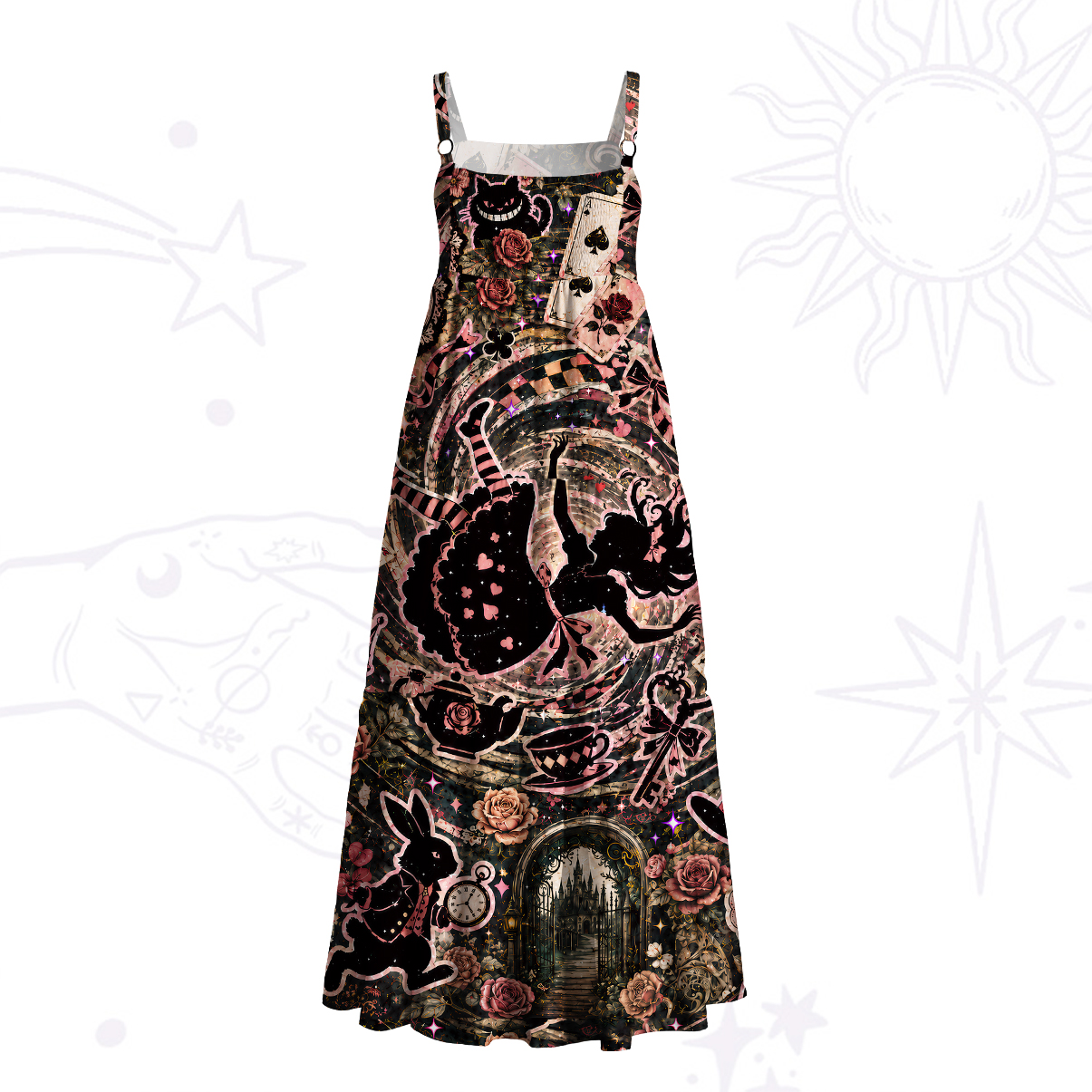 Purplehecate Vintage Alice in Wonderland Collage Wide Straps Maxi Dress
