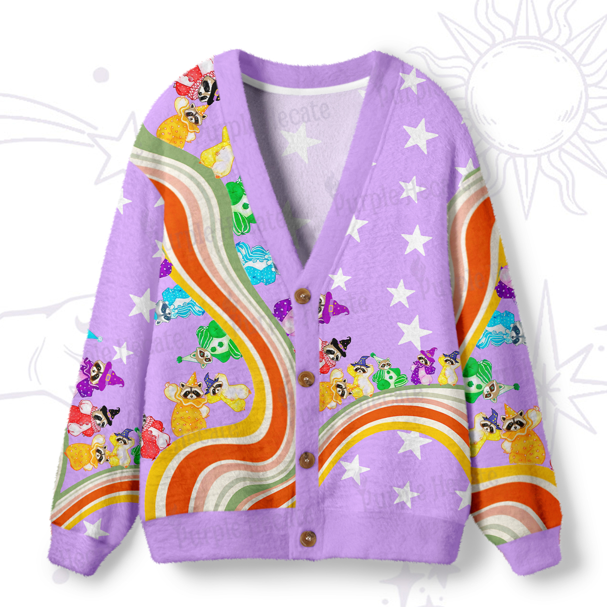 Purplehecate Rainbow Raccoon Star Ugly Cardigan Sweaters