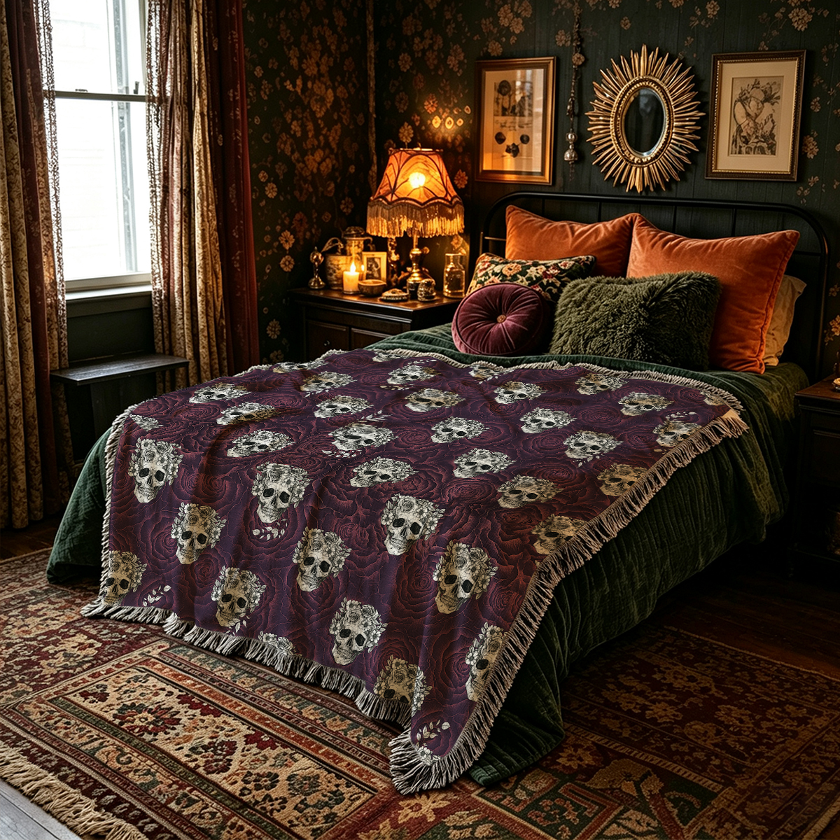 Purplehecate Rose Skull Woven Tapestry Blanket