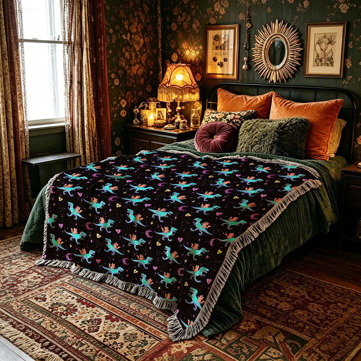 Purplehecate Witch Cat Rides the Dino Woven Tapestry Blanket