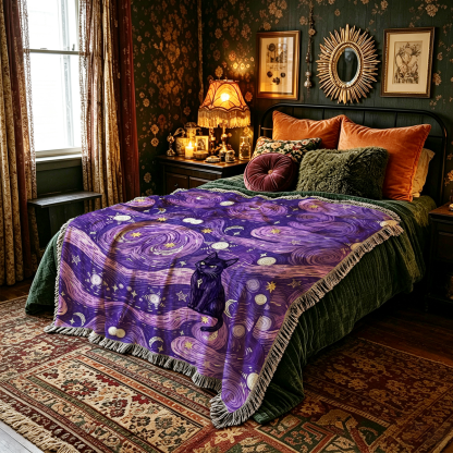 Purplehecate Mystic Cat Beneath the Cosmic Veil Woven Tapestry Blanket