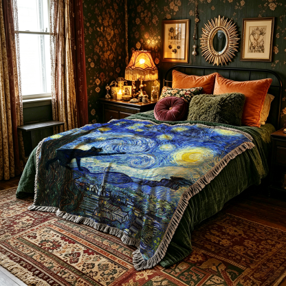 Purplehecate Witch Cat Under the Starry Night Woven Tapestry Blanket