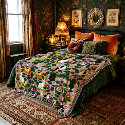 Purplehecate Daisy Cat  Garden Woven Tapestry Blanket