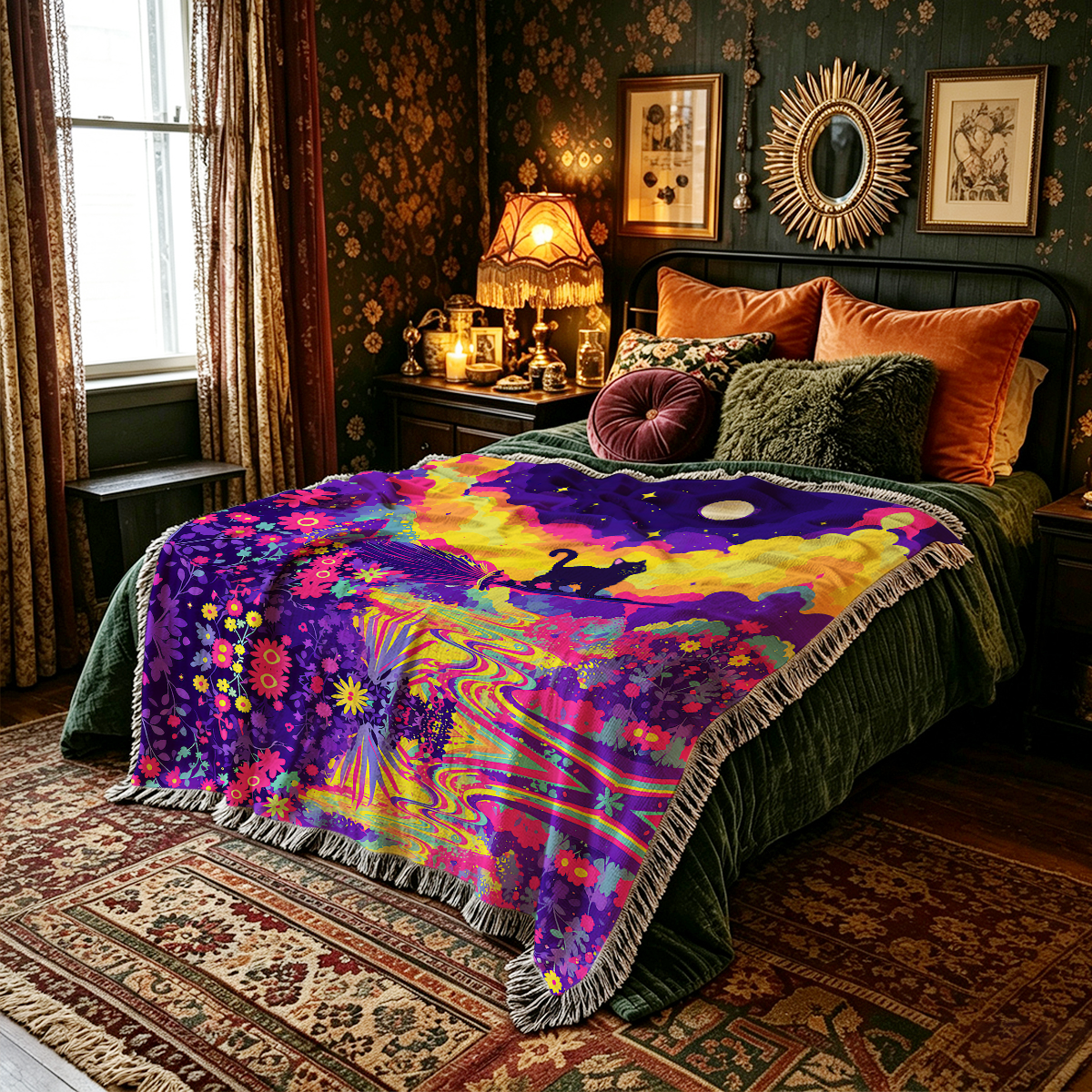 Purplehecate Midnight Cosmic Cat Fantasy Woven Tapestry Blanket