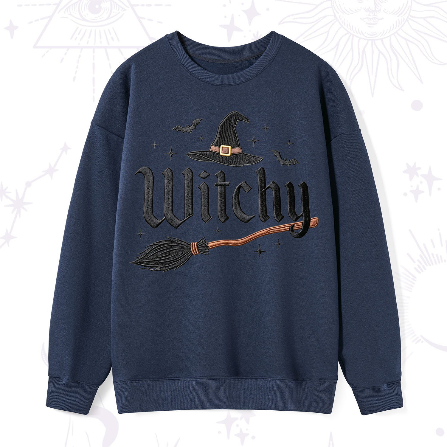 Purplehecate Bat and Broomstick Witch Embroidered Sweatshirt