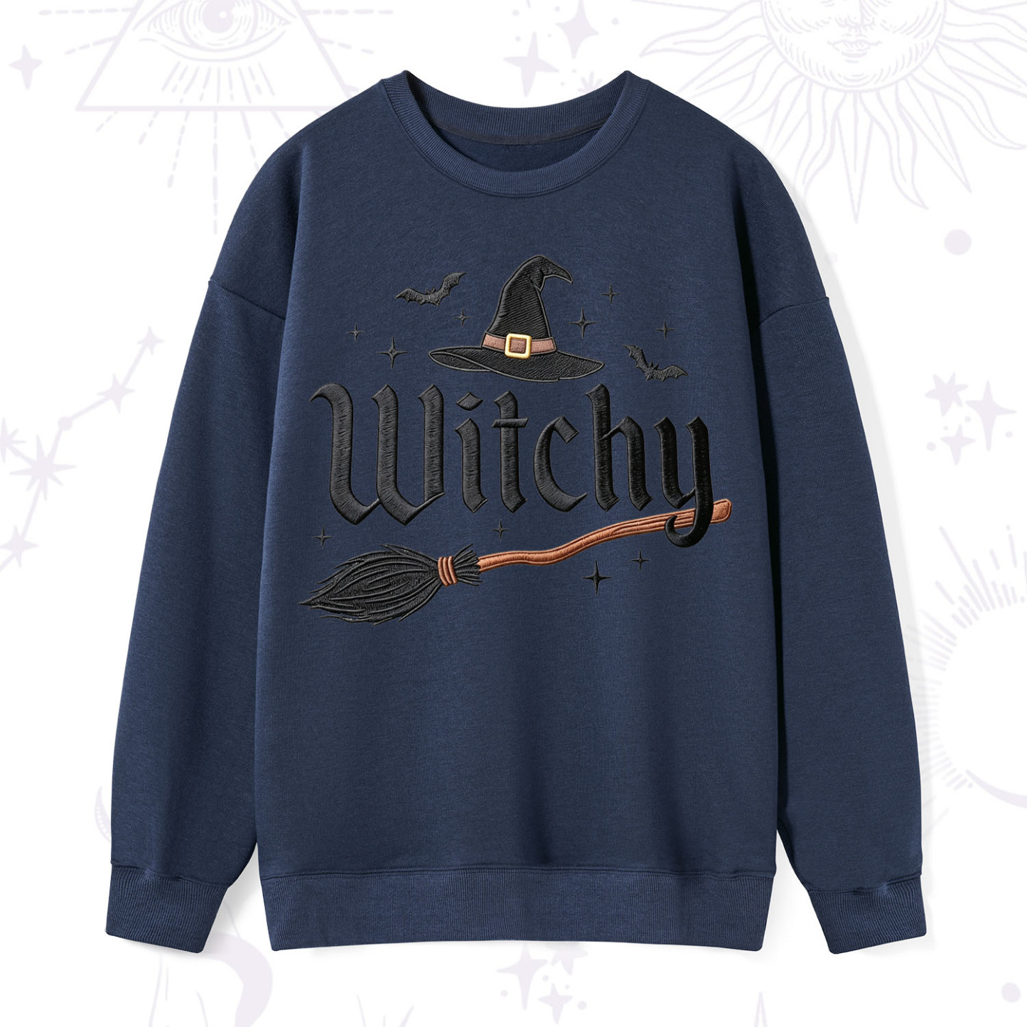 Purplehecate Bat and Broomstick Witch Embroidered Sweatshirt