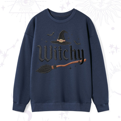 Purplehecate Bat and Broomstick Witch Embroidered Sweatshirt
