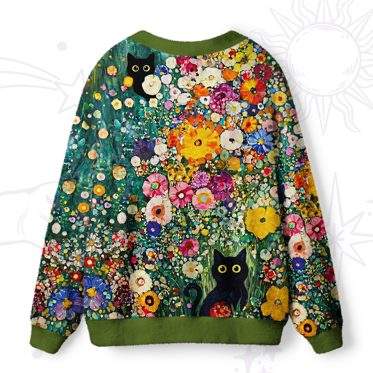 Purplehecate Fluffy Black Cat in Colorful Flower Field Ugly Cardigan Sweaters