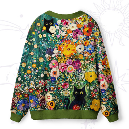 Purplehecate Fluffy Black Cat in Colorful Flower Field Ugly Cardigan Sweaters
