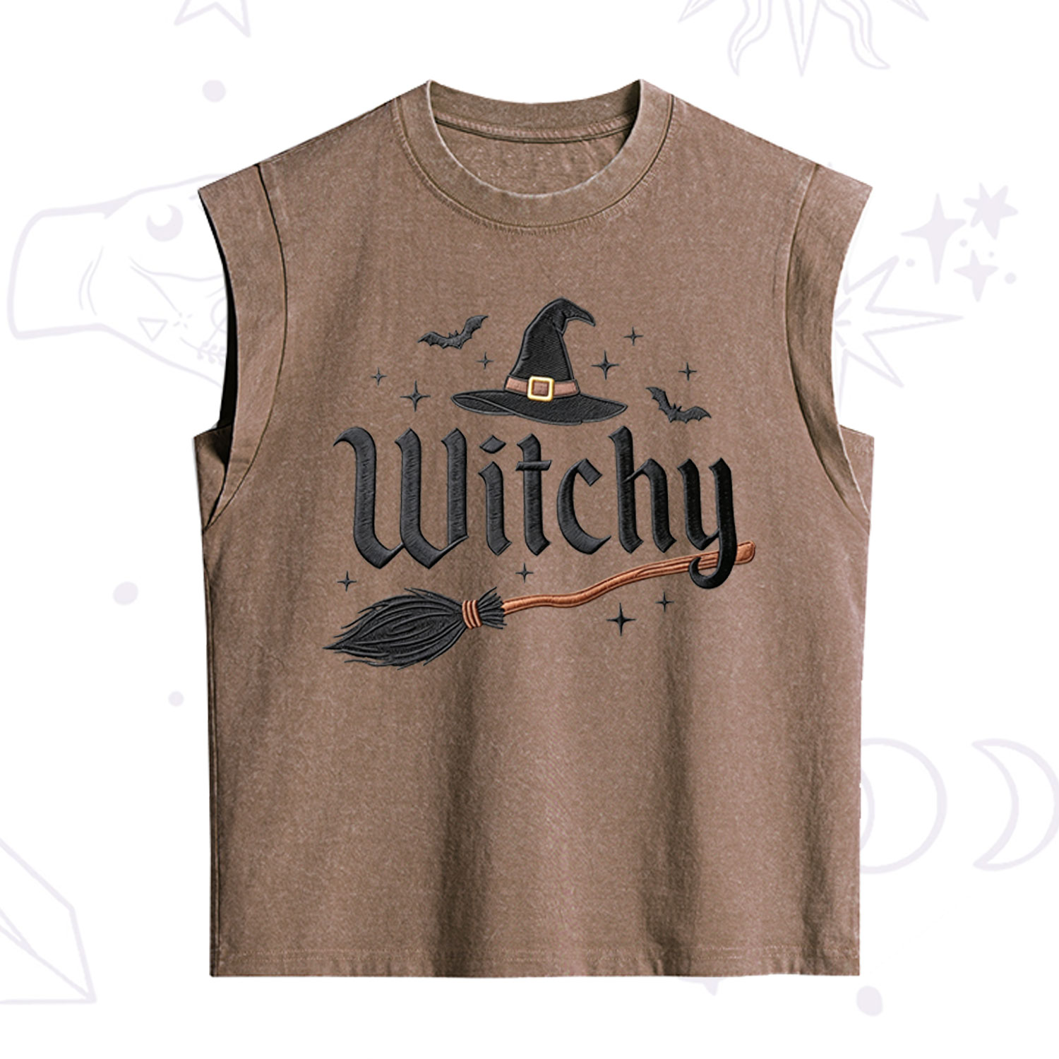 Purplehecate Bat and Broomstick Witch Embroidered Vintage Washed Tank