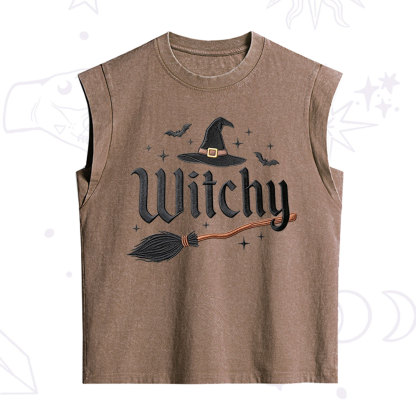 Purplehecate Bat and Broomstick Witch Embroidered Vintage Washed Tank