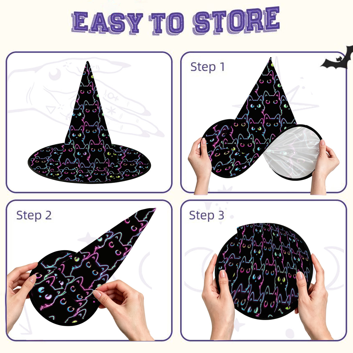 Purplehecate Neon Glow Stacked Cats Witch Hat
