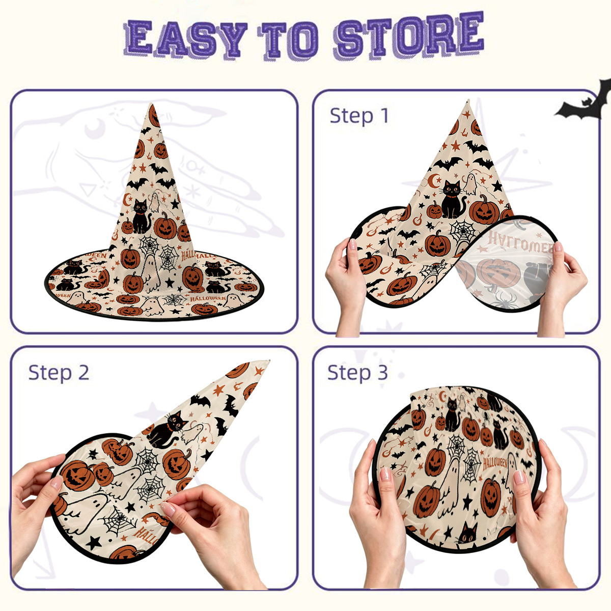 Purplehecate Halloween Ghost Black Cat Witch Hat