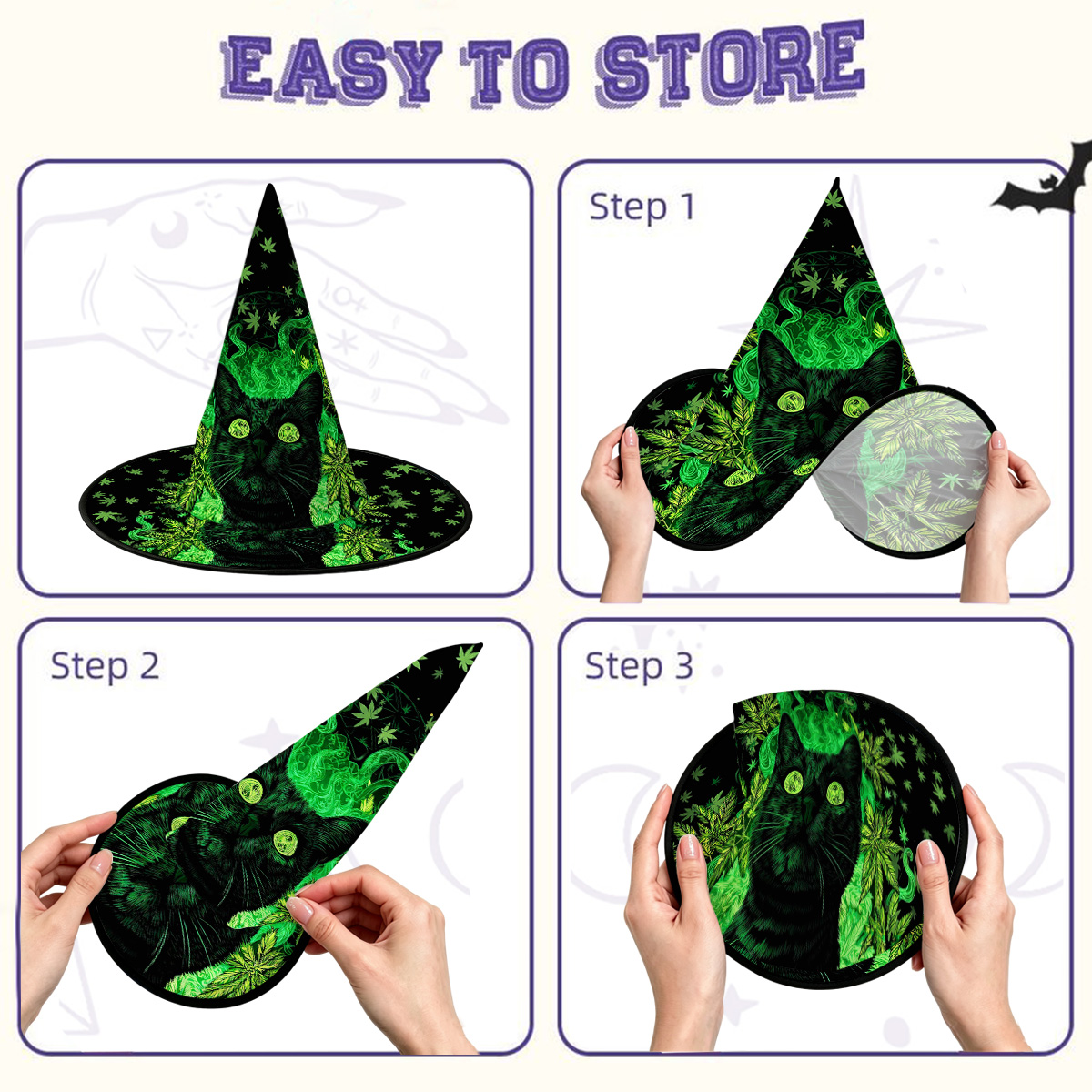 Purplehecate Trippy Glow Cat 420 Vibes Witch Hat