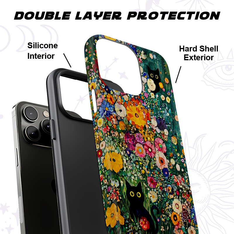 Purplehecate Fluffy Black Cat in Colorful Flower Field Phone Case